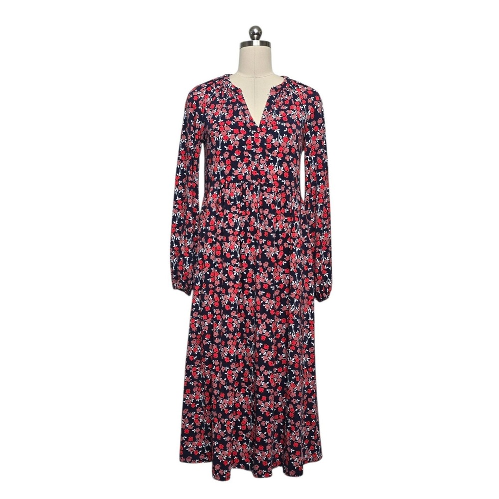 Boden Navy Red Floral Cotton Modal V-Neck Empire Waist Midi Dress Size US 4R